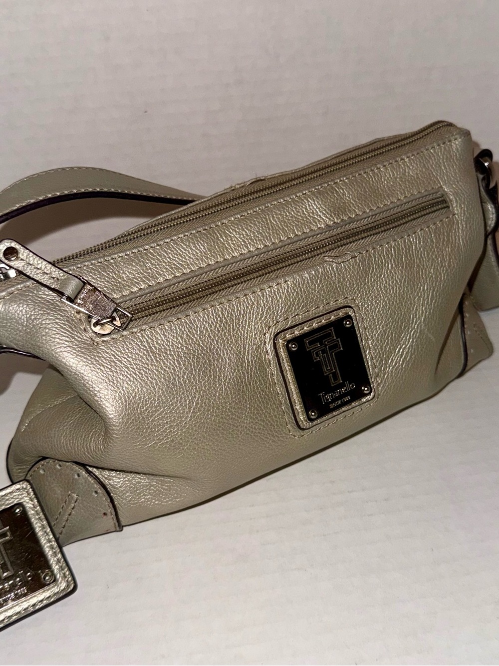 Tignanello Metallic Taupe Leather Crossbody Purse